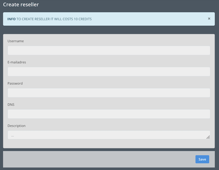 Sub-reseller management screen with credit and profit controls
