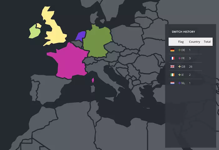 Connection map showing subscriber locations by country