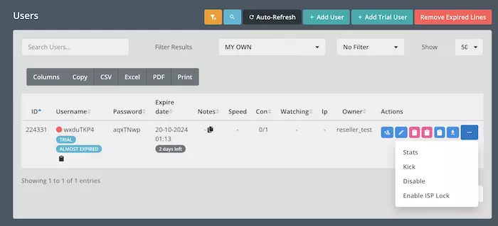 Lines overview listing subscriber accounts with management controls
